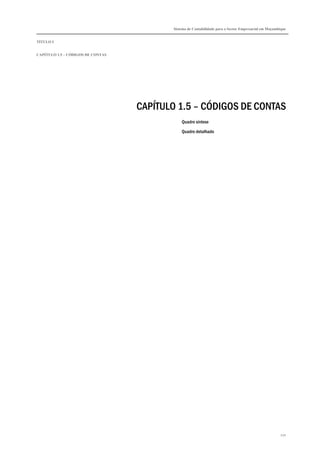 Sistema de Contabilidade para o Sector Empresarial em Moçambique


TÍTULO I


CAPÍTULO 1.5 – CÓDIGOS DE CONTAS




                                   CAPÍTULO 1.5 – CÓDIGOS DE CONTAS
                                              Quadro síntese

                                              Quadro detalhado




                                                                                                      270
 