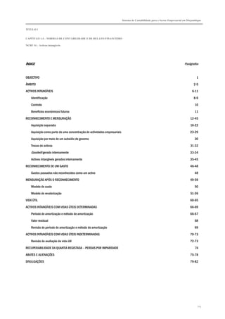 Sistema de Contabilidade para o Sector Empresarial em Moçambique
TÍTULO I
CAPÍTULO 1.4 – NORMAS DE CONTABILIDADE E DE RELATO FINANCEIRO
NCRF 14 – Activos intangíveis
113
ÍNDICEÍNDICEÍNDICEÍNDICE Parágrafos
OBJECTIVO 1
ÂMBITO 2-5
ACTIVOS INTANGÍVEIS 6-11
Identificação 8-9
Controlo 10
Benefícios económicos futuros 11
RECONHECIMENTO E MENSURAÇÃO 12-45
Aquisição separada 16-22
Aquisição como parte de uma concentração de actividades empresariais 23-29
Aquisição por meio de um subsídio do governo 30
Trocas de activos 31-32
Goodwill gerado internamente 33-34
Activos intangíveis gerados internamente 35-45
RECONHECIMENTO DE UM GASTO 46-48
Gastos passados não reconhecidos como um activo 48
MENSURAÇÃO APÓS O RECONHECIMENTO 49-59
Modelo de custo 50
Modelo de revalorização 51-59
VIDA ÚTIL 60-65
ACTIVOS INTANGÍVEIS COM VIDAS ÚTEIS DETERMINADAS 66-69
Período de amortização e método de amortização 66-67
Valor residual 68
Revisão do período de amortização e método de amortização 69
ACTIVOS INTANGÍVEIS COM VIDAS ÚTEIS INDETERMINADAS 70-73
Revisão da avaliação da vida útil 72-73
RECUPERABILIDADE DA QUANTIA REGISTADA – PERDAS POR IMPARIDADE 74
ABATES E ALIENAÇÕES 75-78
DIVULGAÇÕES 79-82
 
