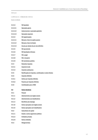 Sistema de Contabilidade para o Sector Empresarial em Moçambique
TÍTULO I
CAPÍTULO 1.5 – CÓDIGOS DE CONTAS
Quadro detalhado
278
4.4.3.3 IVA liquidado
4.4.3.3.1 Operações gerais
4.4.3.3.2 Autoconsumos e operações gratuitas
4.4.3.3.3 Operações especiais
4.4.3.4 IVA regularizações
4.4.3.4.1 Mensais a favor do sujeito passivo
4.4.3.4.2 Mensais a favor do Estado
4.4.3.4.3 Anuais por cálculo do pro rata definitivo
4.4.3.5 IVA apuramento
4.4.3.6 IVA liquidações oficiosas
4.4.3.7 IVA a pagar
4.4.3.8 IVA a recuperar
4.4.3.9 IVA reembolsos pedidos
4.4.4 Restantes impostos
4.4.4.1 Imposto de selo
4.4.4.2 Impostos autárquicos
4.4.5 Rectificações de impostos, contribuições e outros tributos
4.4.6 Impostos diferidos
4.4.6.1 Activos por impostos diferidos
4.4.6.2 Passivos por impostos diferidos
4.4.9 Contribuições para o INSS
4.54.54.54.5 Outros devedoresOutros devedoresOutros devedoresOutros devedores
4.5.1 Pessoal
4.5.1.1 Adiantamentos aos órgãos sociais
4.5.1.2 Adiantamentos aos trabalhadores
4.5.1.3 Benefícios pós-emprego
4.5.1.8 Outras operações com órgãos sociais
4.5.1.9 Outras operações com trabalhadores
4.5.2 Subscritores de capital
4.5.2.1 Estado e outros organismos públicos
4.5.2.2 Entidades privadas
4.5.2.9 Outras entidades
4.5.3 Obrigacionistas
 