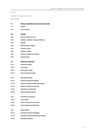 Sistema de Contabilidade para o Sector Empresarial em Moçambique
TÍTULO I
CAPÍTULO 1.5 – CÓDIGOS DE CONTAS
Quadro detalhado
280
4.74.74.74.7 Perdas por imparidade acumuladas de contas a receberPerdas por imparidade acumuladas de contas a receberPerdas por imparidade acumuladas de contas a receberPerdas por imparidade acumuladas de contas a receber
4.7.1 Clientes
4.7.2 Outros devedores
4.84.84.84.8 ProvisõesProvisõesProvisõesProvisões
4.8.1 Processos judiciais em curso
4.8.2 Acidentes no trabalho e doenças profissionais
4.8.3 Impostos
4.8.4 Reestruturação de negócios
4.8.5 Contratos onerosos
4.8.6 Garantias a clientes
4.8.7 Perdas em contratos de construção
4.8.9 Outras provisões
4.94.94.94.9 Acréscimos e diferimentosAcréscimos e diferimentosAcréscimos e diferimentosAcréscimos e diferimentos
4.9.1 Acréscimos de gastos
4.9.1.1 Juros a pagar
4.9.1.2 Remunerações a pagar
4.9.1.9 Outros acréscimos de gastos
4.9.2 Rendimentos diferidos
4.9.2.1 Prémios de emissão de obrigações
4.9.2.2 Prémios de emissão de títulos de participação
4.9.2.3 Réditos de contratos de construção
4.9.2.4 Subsídios para investimentos
4.9.2.9 Outros rendimentos diferidos
4.9.3 Acréscimos de rendimentos
4.9.3.1 Juros a receber
4.9.3.3 Réditos de contratos de construção
4.9.3.9 Outros acréscimos de rendimentos
4.9.4 Gastos diferidos
4.9.4.1 Desconto de emissão de obrigações
4.9.4.2 Desconto de emissão de títulos de participação
4.9.4.9 Outros gastos diferidos
 