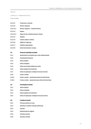 Sistema de Contabilidade para o Sector Empresarial em Moçambique
TÍTULO I
CAPÍTULO 1.5 – CÓDIGOS DE CONTAS
Quadro detalhado
284
6.3.2.3.1 Contencioso e notariado
6.3.2.3.2 Rendas e alugueres
6.3.2.3.2.1 Rendas e alugueres – Locação financeira
6.3.2.3.3 Seguros
6.3.2.3.3.1 Seguro de vida, acidentes pessoais e doença
6.3.2.3.4 Royalties
6.3.2.3.5 Limpeza, higiene e conforto
6.3.2.3.6 Vigilância e segurança
6.3.2.3.7 Trabalhos especializados
6.3.2.9.9 Outros fornecimentos e serviços
6.46.46.46.4 Perdas por imparidade do períodoPerdas por imparidade do períodoPerdas por imparidade do períodoPerdas por imparidade do período
6.4.1 Ajustamentos de inventários para o valor realizável líquido
6.4.2 Investimentos financeiros
6.4.3 Activos tangíveis
6.4.4 Activos intangíveis
6.4.5 Activos não correntes detidos para venda
6.4.6 Activos tangíveis de investimento
6.4.7 Activos de exploração e avaliação de recursos minerais
6.4.8 Contas a receber
6.4.8.1 Contas a receber – ajustamentos dentro dos limites fiscais
6.4.8.2 Contas a receber – ajustamentos para além dos limites fiscais
6.56.56.56.5 Amortizações do períodoAmortizações do períodoAmortizações do períodoAmortizações do período
6.5.1 Activos tangíveis
6.5.2 Activos intangíveis
6.5.3 Activos tangíveis de investimento
6.5.4 Activos de exploração e avaliação de recursos minerais
6.66.66.66.6 Provisões do períodoProvisões do períodoProvisões do períodoProvisões do período
6.6.1 Processos judiciais em curso
6.6.2 Acidentes no trabalho e doenças profissionais
6.6.3 Impostos
6.6.4 Reestruturação de negócios
6.6.5 Contratos onerosos
6.6.6 Garantias a clientes
 