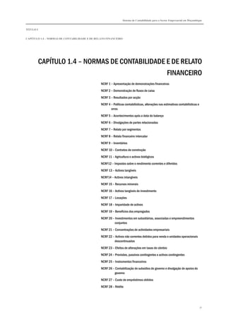 Sistema de Contabilidade para o Sector Empresarial em Moçambique
TÍTULO I
CAPÍTULO 1.4 – NORMAS DE CONTABILIDADE E DE RELATO FINANCEIRO
31
CAPÍTULO 1.4 – NORMAS DE CONTABILIDADE E DE RELATO
FINANCEIRO
NCRF 1 – Apresentação de demonstrações financeiras
NCRF 2 – Demonstração de fluxos de caixa
NCRF 3 – Resultados por acção
NCRF 4 – Políticas contabilísticas, alterações nas estimativas contabilísticas e
erros
NCRF 5 – Acontecimentos após a data do balanço
NCRF 6 – Divulgações de partes relacionadas
NCRF 7 – Relato por segmentos
NCRF 8 – Relato financeiro intercalar
NCRF 9 – Inventários
NCRF 10 – Contratos de construção
NCRF 11 – Agricultura e activos biológicos
NCRF12 – Impostos sobre o rendimento correntes e diferidos
NCRF 13 – Activos tangíveis
NCRF14 – Activos intangíveis
NCRF 15 – Recursos minerais
NCRF 16 – Activos tangíveis de investimento
NCRF 17 – Locações
NCRF 18 – Imparidade de activos
NCRF 19 – Benefícios dos empregados
NCRF 20 – Investimentos em subsidiárias, associadas e empreendimentos
conjuntos
NCRF 21 – Concentrações de actividades empresariais
NCRF 22 – Activos não correntes detidos para venda e unidades operacionais
descontinuadas
NCRF 23 – Efeitos de alterações em taxas de câmbio
NCRF 24 – Provisões, passivos contingentes e activos contingentes
NCRF 25 – Instrumentos financeiros
NCRF 26 – Contabilização de subsídios do governo e divulgação de apoios do
governo
NCRF 27 – Custo de empréstimos obtidos
NCRF 28 – Rédito
 