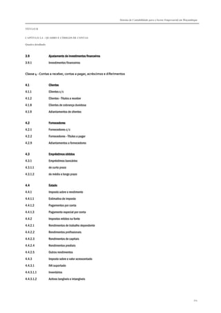 Sistema de Contabilidade para o Sector Empresarial em Moçambique
TÍTULO II
CAPÍTULO 2.4 – QUADRO E CÓDIGOS DE CONTAS
Quadro detalhado
354
3.93.93.93.9 Ajustamento de investimentos financeirosAjustamento de investimentos financeirosAjustamento de investimentos financeirosAjustamento de investimentos financeiros
3.9.1 Investimentos financeiros
Classe 4 - Contas a receber, contas a pagar, acréscimos e diferimentos
4.14.14.14.1 ClientesClientesClientesClientes
4.1.1 Clientes c/c
4.1.2 Clientes - Títulos a receber
4.1.8 Clientes de cobrança duvidosa
4.1.9 Adiantamentos de clientes
4.24.24.24.2 FornecedoresFornecedoresFornecedoresFornecedores
4.2.1 Fornecedores c/c
4.2.2 Fornecedores - Títulos a pagar
4.2.9 Adiantamentos a fornecedores
4.34.34.34.3 Empréstimos obtidosEmpréstimos obtidosEmpréstimos obtidosEmpréstimos obtidos
4.3.1 Empréstimos bancários
4.3.1.1 de curto prazo
4.3.1.2 de médio e longo prazo
4.44.44.44.4 EstadoEstadoEstadoEstado
4.4.1 Imposto sobre o rendimento
4.4.1.1 Estimativa de imposto
4.4.1.2 Pagamentos por conta
4.4.1.3 Pagamento especial por conta
4.4.2 Impostos retidos na fonte
4.4.2.1 Rendimentos de trabalho dependente
4.4.2.2 Rendimentos profissionais
4.4.2.3 Rendimentos de capitais
4.4.2.4 Rendimentos prediais
4.4.2.5 Outros rendimentos
4.4.3 Imposto sobre o valor acrescentado
4.4.3.1 IVA suportado
4.4.3.1.1 Inventários
4.4.3.1.2 Activos tangíveis e intangíveis
 