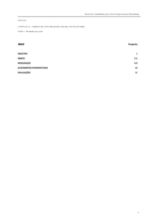 Sistema de Contabilidade para o Sector Empresarial em Moçambique
TÍTULO I
CAPÍTULO 1.4 – NORMAS DE CONTABILIDADE E DE RELATO FINANCEIRO
NCRF 3 – Resultados por acção
50
ÍNDICEÍNDICEÍNDICEÍNDICE Parágrafos
OBJECTIVO 1
ÂMBITO 2-5
MENSURAÇÃO 6-9
AJUSTAMENTOS RETROSPECTIVOS 10
DIVULGAÇÕES 11
 