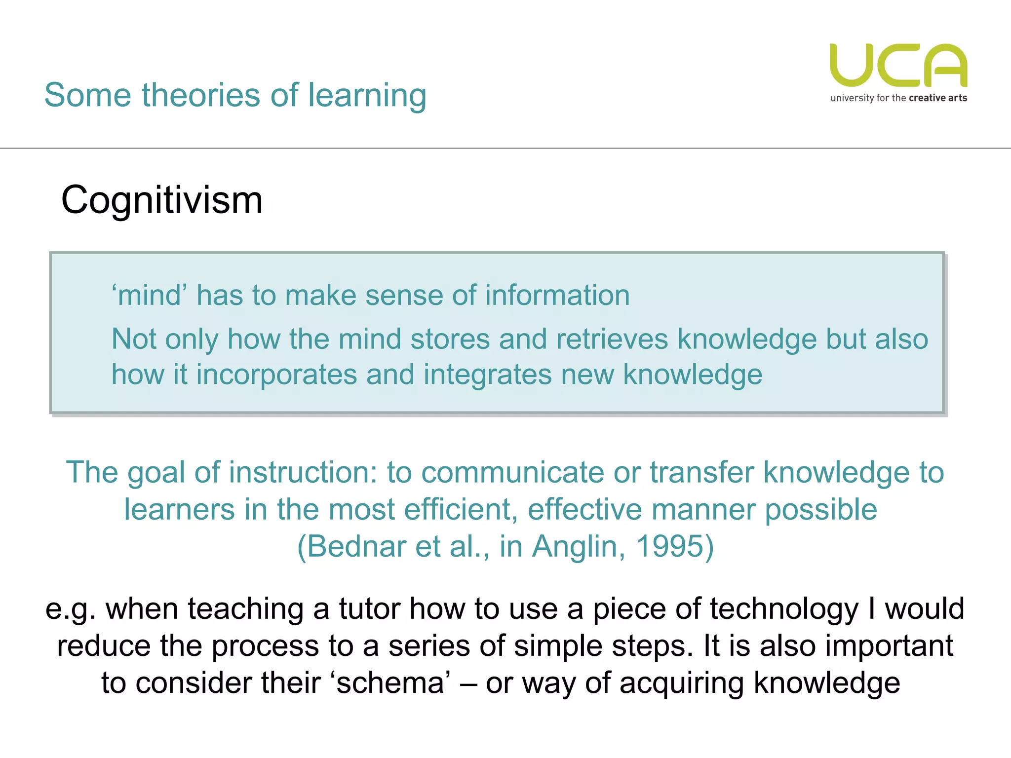 Some theories of learning


 Cognitivism

    ‘mind’ has to make sense of information
    ‘mind’        make sense of information
    Not only how the mind stores and retrieves knowledge but also
    Not only how the       stores and          knowledge but also
    how it incorporates and integrates new knowledge
    how incorporates                   new knowledge


 The goal of instruction: to communicate or transfer knowledge to
     learners in the most efficient, effective manner possible
                   (Bednar et al., in Anglin, 1995)

e.g. when teaching a tutor how to use a piece of technology I would
 reduce the process to a series of simple steps. It is also important
    to consider their ‘schema’ – or way of acquiring knowledge
 