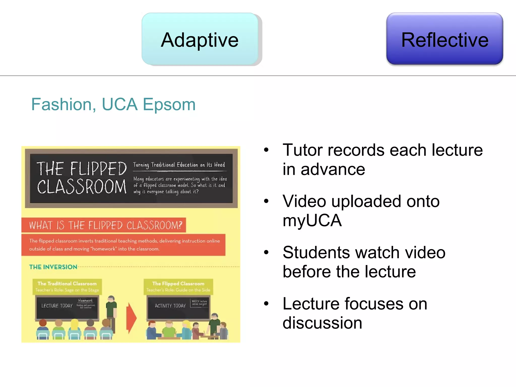 Adaptive
              Adaptive                    Reflective


Fashion, UCA Epsom

                         • Tutor records each lecture
                           in advance
                         • Video uploaded onto
                           myUCA
                         • Students watch video
                           before the lecture
                         • Lecture focuses on
                           discussion
 