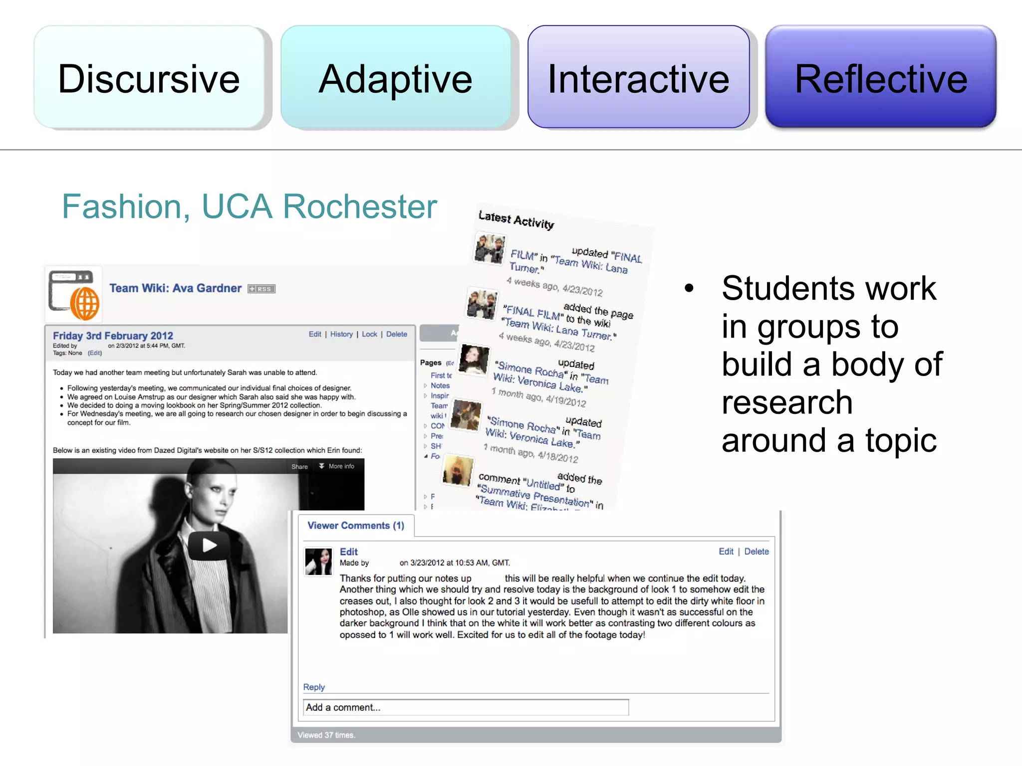 Discursive
Discursive     Adaptive
               Adaptive   Interactive
                           Interactive   Reflective


Fashion, UCA Rochester

                                  • Students work
                                    in groups to
                                    build a body of
                                    research
                                    around a topic
 