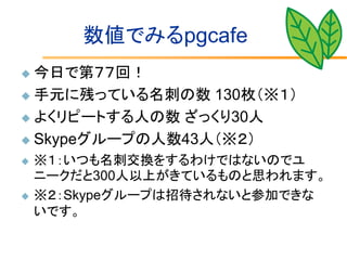 数値でみるpgcafe
 今日で第７７回！
 手元に残っている名刺の数 130枚（※１）

 よくリピートする人の数 ざっくり30人

 Skypeグループの人数43人（※２）

   ※１：いつも名刺交換をするわけではないのでユ
    ニークだと300人以上がきているものと思われます。
   ※２：Skypeグループは招待されないと参加できな
    いです。
 