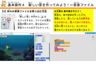 【2】録音する方法
ろく おん ほう ほう
①左の「新しい音」の中から、 をクリックすると
録音をする画面が開きます。
② をクリックで録音が始まります。
「編集▼」から、録音した音の一部を切り取ったり
することができます。
ろく おん
ろく おん
ろく おん
おと
おと いち ぶ き と
はじ
が めん ひら
へんしゅう
あたらひだり
基本操作３ 新しい音を作ってみよう！～録音する
き ほん そう さ あたら おと つく ろく おん
①
②
 