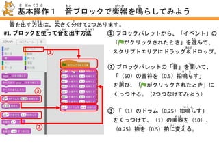 それでは、スタジオにある音を使った表現を見てみよう！！
おと つか ひょうげん み
基本操作 音の表現の楽しみ方のいろいろ
き ほん そう さ おと ひょうげん たの かた
 