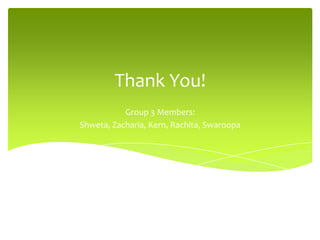Thank You!
           Group 3 Members:
Shweta, Zacharia, Kern, Rachita, Swaroopa
 