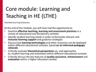 23




 Core module: Learning and
 Teaching in HE (LTHE)
Intended Learning Outcomes:

At the end of the module, you will have had the opportunity to
• Examine effective teaching, learning and assessment practices in a
    variety of educational and disciplinary contexts
• Identify student learning needs in order to formulate relevant and
    inclusive learning support and guidance strategies
• Discuss how learning technologies and other resources can be deployed
    within different educational contexts, based on an informed pedagogic
    rationale
• Critically evaluate theoretical perspectives on, and approaches
    to, student learning and motivation within different educational contexts
• Critically discuss the key features of quality assurance, enhancement and
    evaluation within a Higher Education context
 