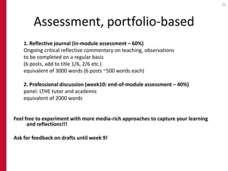 25




        Assessment, portfolio-based
    1. Reflective journal (in-module assessment – 60%)
    Ongoing critical reflective commentary on teaching, observations
    to be completed on a regular basis
    (6 posts, add to title 1/6, 2/6 etc.)
    equivalent of 3000 words (6 posts ~500 words each)

    2. Professional discussion (week10: end-of-module assessment – 40%)
    panel: LTHE tutor and academic
    equivalent of 2000 words


Feel free to experiment with more media-rich approaches to capture your learning
      and reflections!!!

Ask for feedback on drafts until week 9!
 