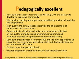 Pedagogically excellent
• Development of active learning in partnership with the learners to
  develop an educative community.
• High quality teaching and supervision provided by staff on all modules
  and programmes.
• High quality and timely feedback provided to all students in all
  elements of their assessment.
• Opportunity for detailed evaluation and meaningful reflection
  on the quality of modules and programmes with time and
  resources provided for appropriate enhancement activity.
• Development and support for innovative and inclusive approaches to
  education and assessment which help staff and students to develop
  and learn more effectively.
• Clarity in what is expected of staff.
• Greater proportion of staff with PGCAP and Fellowship of HEA

 http://www.hr.salford.ac.uk/employee-development-section/learning-and-teaching-
 
