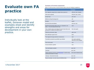 Evaluate own FA
practice
6 November 2017 19
Individually look at the
leaflet, Donavan model and
examples sheet and identify
strengths and areas for
development in your own
practice.
 