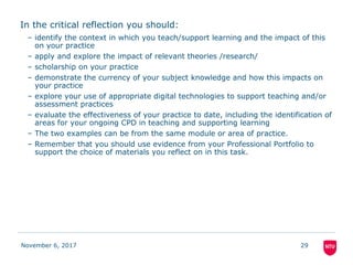In the critical reflection you should:
– identify the context in which you teach/support learning and the impact of this
on your practice
– apply and explore the impact of relevant theories /research/
– scholarship on your practice
– demonstrate the currency of your subject knowledge and how this impacts on
your practice
– explore your use of appropriate digital technologies to support teaching and/or
assessment practices
– evaluate the effectiveness of your practice to date, including the identification of
areas for your ongoing CPD in teaching and supporting learning
– The two examples can be from the same module or area of practice.
– Remember that you should use evidence from your Professional Portfolio to
support the choice of materials you reflect on in this task.
November 6, 2017 29
 