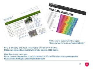 19
NTU is officially the most sustainable University in the UK.
https://peopleandplanet.org/university-league-2016-tables
Guardian press coverage:
https://www.theguardian.com/education/2016/nov/22/universities-green-goals-
environmental-targets-people-planet-league
NTU general sustainability pages:
https://www4.ntu.ac.uk/sustainability/
 