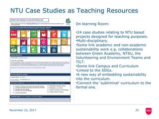 NTU Case Studies as Teaching Resources
November 22, 2017 25
On learning Room:
•24 case studies relating to NTU based
projects designed for teaching purposes.
•Multi-disciplinary.
•Some link academic and non-academic
sustainability work e.g. collaborations
between Green Academy, NTSU, the
Volunteering and Environment Teams and
TILT.
•Some link Campus and Curriculum
•Linked to the SDGs.
•A new way of embedding sustainability
into the curriculum.
•Connect the ‘subliminal’ curriculum to the
formal one.
 