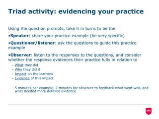 Triad activity: evidencing your practice
Using the question prompts, take it in turns to be the
•Speaker: share your practice example (be very specific)
•Questioner/listener: ask the questions to guide this practice
example
•Observer: listen to the responses to the questions, and consider
whether the response evidences their practice fully in relation to
– What they did
– Why they did it
– Impact on the learners
– Evidence of this impact
– 5 minutes per example, 2 minutes for observer to feedback what went well, and
what needed more detailed evidence
 