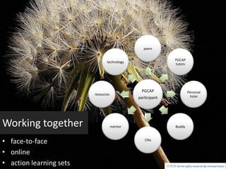 peers


                                                            PGCAP
                                technology
                                                            tutors




                                               PGCAP                 Personal
                         resources
                                              participant             tutor




Working together                     mentor                 Buddy



• face-to-face                                   LTAs


• online
• action learning sets
 
