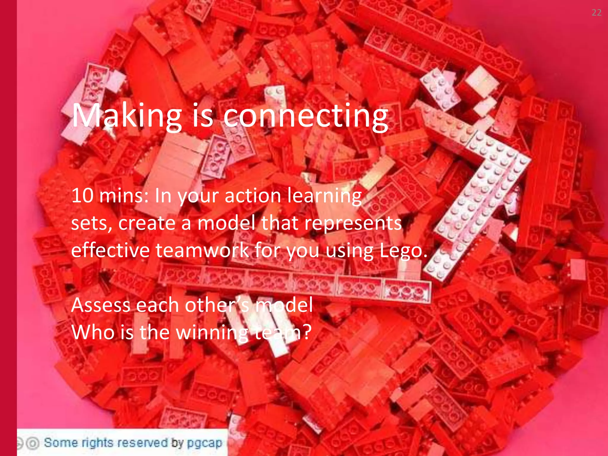 22




Making is connecting

10 mins: In your action learning
sets, create a model that represents
effective teamwork for you using Lego.

Assess each other’s model
Who is the winning team?
 