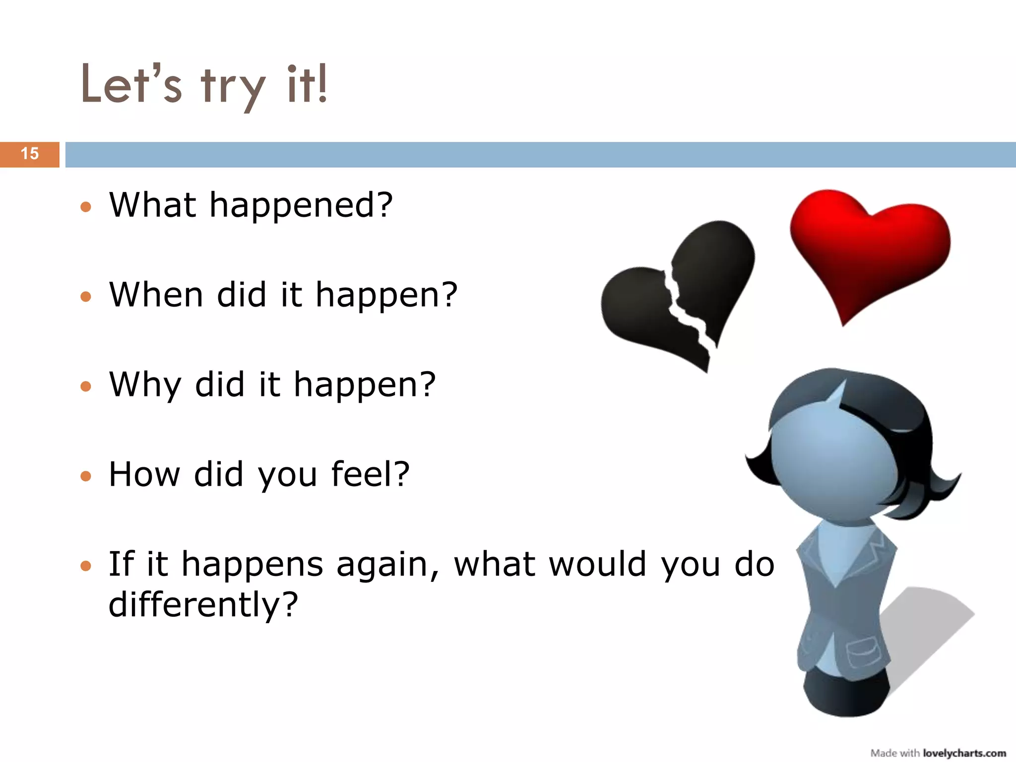 Let‟s try it!
15


        What happened?

        When did it happen?

        Why did it happen?

        How did you feel?

        If it happens again, what would you do
         differently?
 