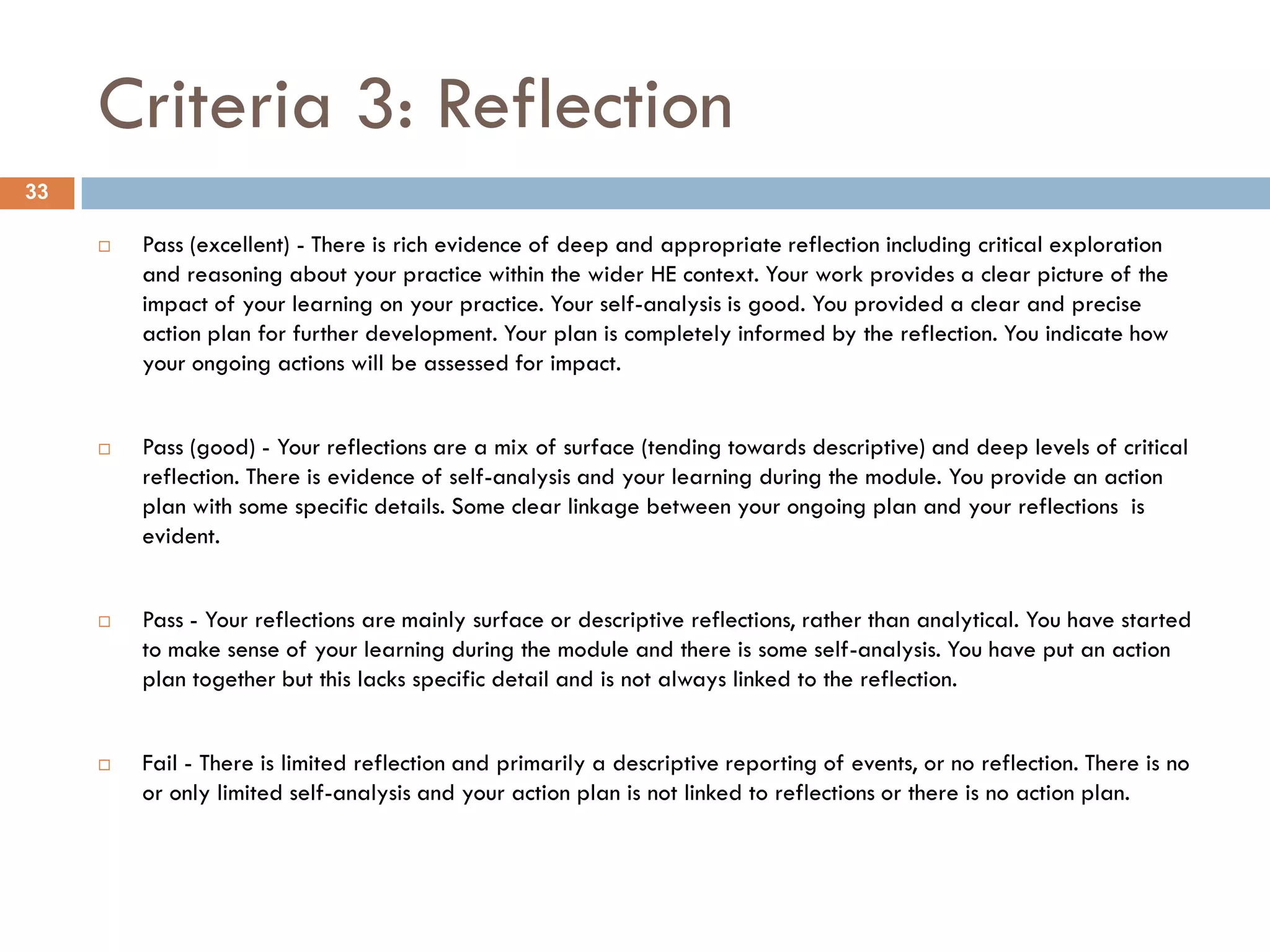 Criteria 3: Reflection
33

        Pass (excellent) - There is rich evidence of deep and appropriate reflection including critical exploration
         and reasoning about your practice within the wider HE context. Your work provides a clear picture of the
         impact of your learning on your practice. Your self-analysis is good. You provided a clear and precise
         action plan for further development. Your plan is completely informed by the reflection. You indicate how
         your ongoing actions will be assessed for impact.


        Pass (good) - Your reflections are a mix of surface (tending towards descriptive) and deep levels of critical
         reflection. There is evidence of self-analysis and your learning during the module. You provide an action
         plan with some specific details. Some clear linkage between your ongoing plan and your reflections is
         evident.


        Pass - Your reflections are mainly surface or descriptive reflections, rather than analytical. You have started
         to make sense of your learning during the module and there is some self-analysis. You have put an action
         plan together but this lacks specific detail and is not always linked to the reflection.


        Fail - There is limited reflection and primarily a descriptive reporting of events, or no reflection. There is no
         or only limited self-analysis and your action plan is not linked to reflections or there is no action plan.
 