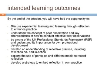 intended learning outcomes
51

     By the end of the session, you will have had the opportunity to:

     •   Discuss experiential learning and learning through reflection
         to enhance practice
     •   understand the concept of peer observation and key
         characteristics of how to conduct effective peer observations
     •   be aware of the UK Professional Standards Framework (PSF)
         and understand its importance for own professional
         development
     •   develop an understanding of reflective practice, including
         reflection on- and in-action
     •   explore the use of portfolios and different media to record
         reflection
     •   develop a strategy to embed reflection in own practice
 