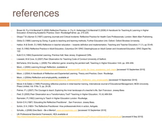 references
   Brown M, Fry H & Marshall S (2006) Reflective Practice, in: Fry H, Ketteridge S & Marshall S (2006) A Handbook for Teaching & Learning in Higher
    Education. Enhancing Academic Practice, Oxon: RoutledgeFalmer, pp. 215-225.
   Ghaye T & Lillyman S (1997) Learning Journals and Critical Incidents: Reflective Practice for Health Care Professionals, London: Mark Allan Publishing.
   Gibbs G (1988) Learning by Doing: A guide to teaching and learning methods, Further Education Unit, Oxford: Oxford Brookes University.
   Hatton, N & Smith, D (1995) Reflection in teacher education – towards definition and implementation, Teaching and Teacher Education,11 (1), pp 33-49.
   Imel, S (1992) Reflective Practice in Adult Education, Columbus OH: ERIC Clearinghouse on Adult Career and Vocational Education, ERIC Digest No.
    122
   Kolb D A (1984) Experiential Learning, Prentice Hall, New Jersey: Englewood Cliffs.
   Lisewski, B & Cove, G (2007) Peer Observation for Teaching Code of Conduct University of Salford.
   McFarlane, B & Gourlay, L (2009) The reflection game: enacting the penitent self, Teaching in Higher Education 14/4, pp. 455-459.
   Moon, J (2005) Learning through Reflection, available at
    http://www.heacademy.ac.uk/resources/detail/resource_database/id69_guide_for_busy_academics_no4_moon [accessed 15 September 2010]
   Moon, J (2004) A Handbook of Reflective and Experiential Learning. Theory and Practice, Oxon: Routledge.
   Moon, J (2004a) Reflection and employability, available at
    http://www.heacademy.ac.uk/resources/detail/resource_database/id331_Reflection_and_employability [accessed 15 September 2010]
   Moran A & Dallat J (1995) Promoting reflective practice in initial teacher training, International Journal of Educational Management, MCB University
    Press Limited, Vol. 9 No. 5, pp. 20-26.
   Palmer, P J (2007) The Courage to teach. Exploring the inner landscape of a teacher‟s life, San Francisco: Jossey-Bass
   Peel, D (2005) Peer Observation as a Transformatory Tool? Teaching in Higher Education, 10 (4) 489-504
   Ramsden, P (1992) Learning to Teach in Higher Education London: Routledge.
   Schön D A (1987) „Educating the Reflective Practitioner‟ , San Francisco: Jossey Bass.
   Schön, D A )1983= The Reflective Practitioner: How professionals think in action, Ashgate.
   Schulte, J (2008) Give Back – Be a Mentor!, www.ezinearticles.com [accessed 10 September 2010]
   UK Professional Standards Framework, HEA available at
    http://www.heacademy.ac.uk/assets/York/documents/ourwork/rewardandrecog/ProfessionalStandardsFramework.pdf [accessed 9 Sep 2010]
 