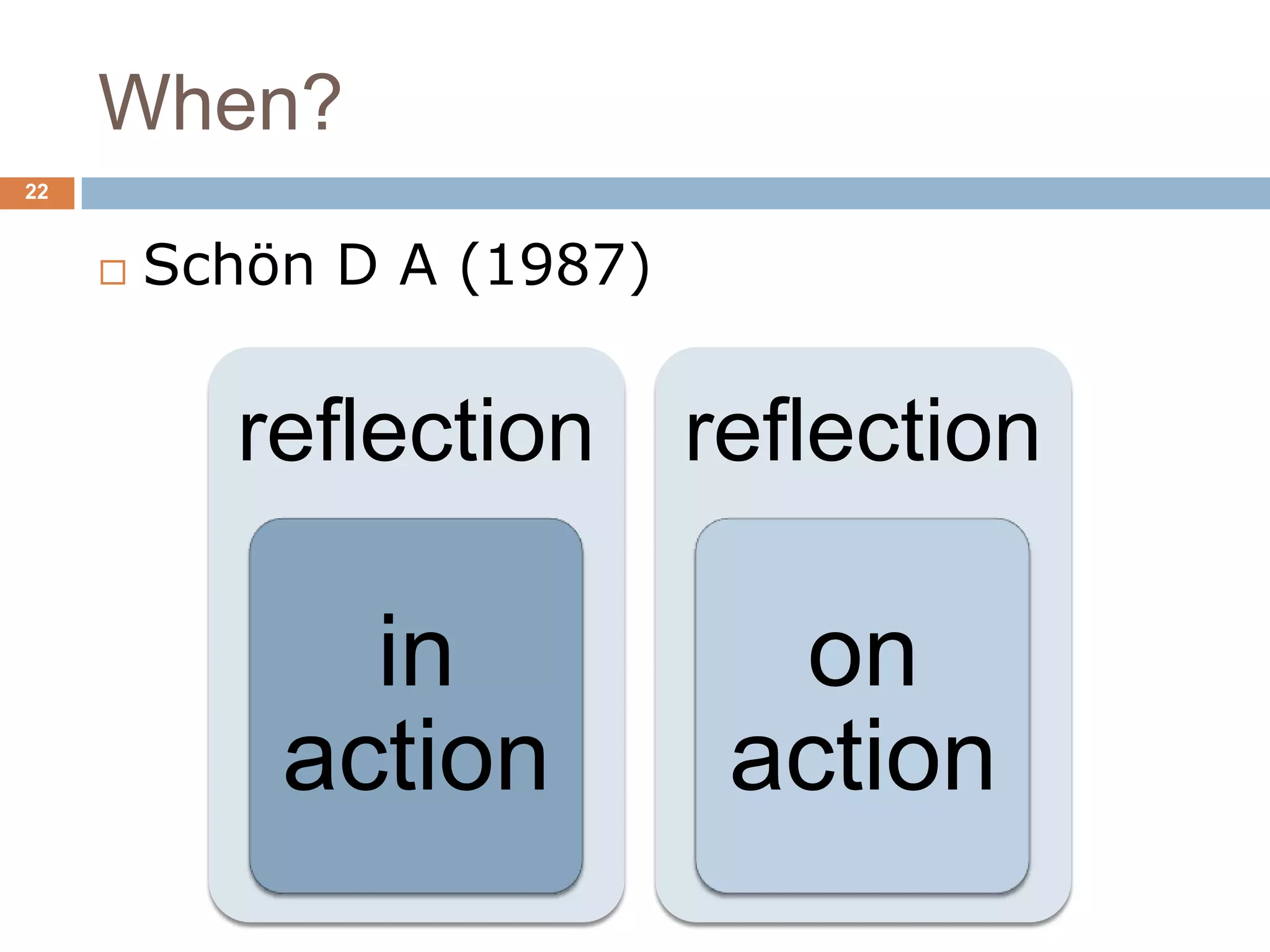 When?
22



        Schön D A (1987)


           reflection       reflection

               in             on
             action          action
 