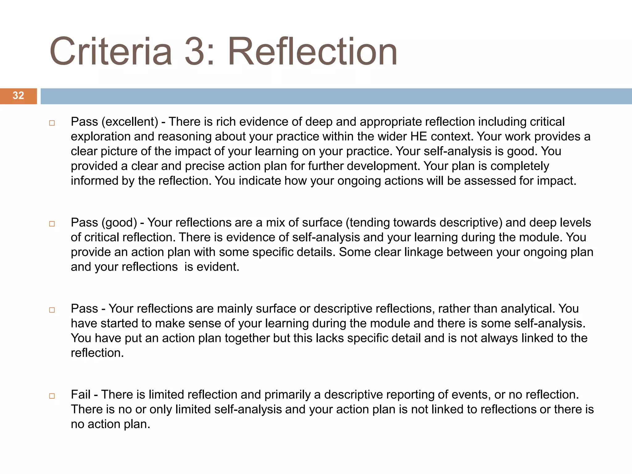 Criteria 3: Reflection
32

        Pass (excellent) - There is rich evidence of deep and appropriate reflection including critical
         exploration and reasoning about your practice within the wider HE context. Your work provides a
         clear picture of the impact of your learning on your practice. Your self-analysis is good. You
         provided a clear and precise action plan for further development. Your plan is completely
         informed by the reflection. You indicate how your ongoing actions will be assessed for impact.


        Pass (good) - Your reflections are a mix of surface (tending towards descriptive) and deep levels
         of critical reflection. There is evidence of self-analysis and your learning during the module. You
         provide an action plan with some specific details. Some clear linkage between your ongoing plan
         and your reflections is evident.


        Pass - Your reflections are mainly surface or descriptive reflections, rather than analytical. You
         have started to make sense of your learning during the module and there is some self-analysis.
         You have put an action plan together but this lacks specific detail and is not always linked to the
         reflection.


        Fail - There is limited reflection and primarily a descriptive reporting of events, or no reflection.
         There is no or only limited self-analysis and your action plan is not linked to reflections or there is
         no action plan.
 