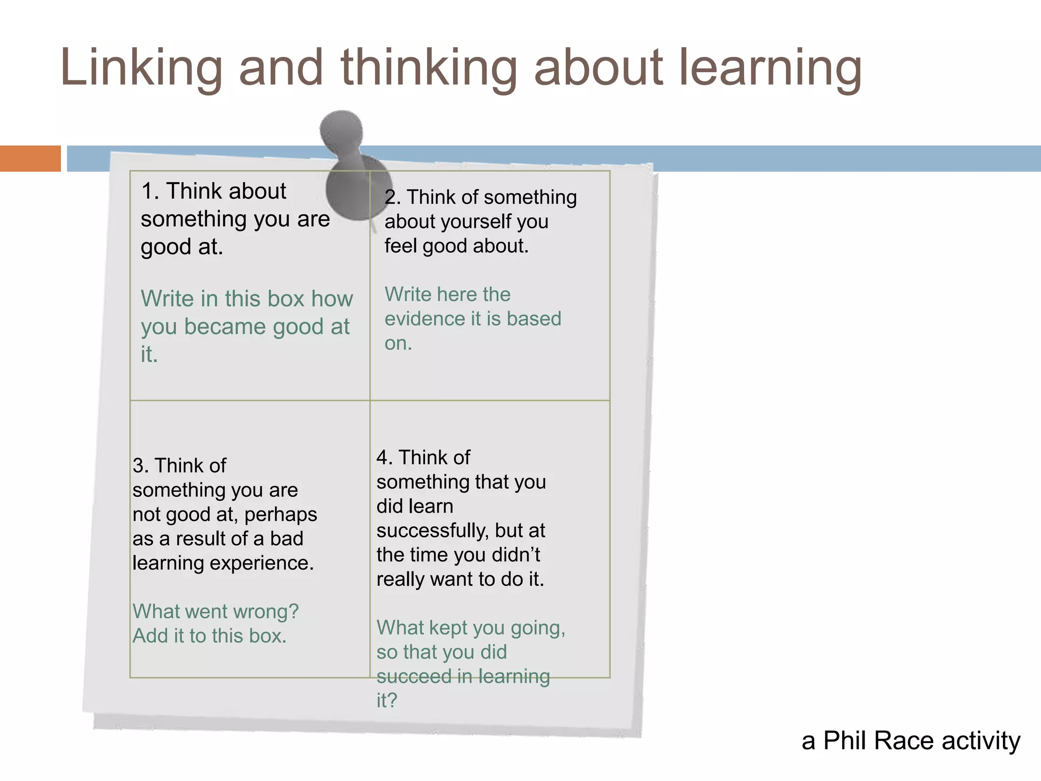 6

Linking and thinking about learning

   1. Think about           2. Think of something
   something you are        about yourself you
   good at.                 feel good about.

   Write in this box how    Write here the
   you became good at       evidence it is based
                            on.
   it.



   3. Think of             4. Think of
   something you are       something that you
   not good at, perhaps    did learn
   as a result of a bad    successfully, but at
   learning experience.    the time you didn‟t
                           really want to do it.
   What went wrong?
   Add it to this box.     What kept you going,
                           so that you did
                           succeed in learning
                           it?

                                                    a Phil Race activity
 