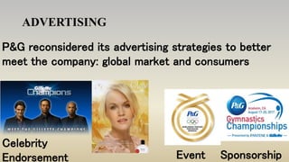 ADVERTISING
P&G reconsidered its advertising strategies to better
meet the company: global market and consumers
Celebrity
Endorsement Event Sponsorship
 