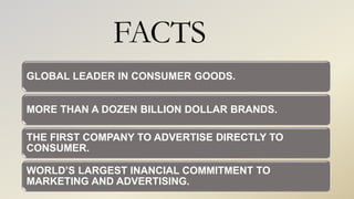 FACTS
.GLOBAL LEADER IN CONSUMER GOODS.
MORE THAN A DOZEN BILLION DOLLAR BRANDS.
THE FIRST COMPANY TO ADVERTISE DIRECTLY TO
CONSUMER.
WORLD’S LARGEST INANCIAL COMMITMENT TO
MARKETING AND ADVERTISING.
 