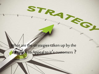 What are the strategies taken up bythe
companyto Appeal to it‘s customers ?
11
 