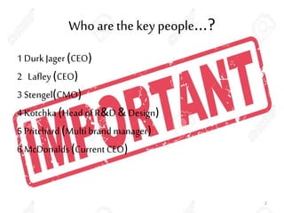 Who arethe key people...?
1 DurkJager (CEO)
2 Lafley(CEO)
3 Stengel(CMO)
4 Kotchka(Head of R&D & Design)
5 Pritchard (Multibrand manager)
6 McDonalds (Current CEO)
2
 