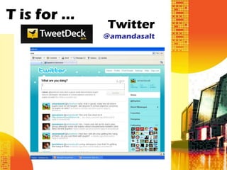 T is for …
             Twitter
             @amandasalt
 