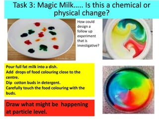 …..
But what’s happening at particle level?
Draw what might be happening
at particle level.
Pour full fat milk into a dish.
Add drops of food colouring close to the
centre.
Dip cotton buds in detergent.
Carefully touch the food colouring with the
buds.
Task 3: Magic Milk….. Is this a chemical or
physical change?
How could
design a
follow up
experiment
that is
investigative?
 