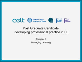 Presentation Title Example
Author: Simon Haslett
15th
October 2009
Post Graduate Certificate:
developing professional practice in HE
Chapter 2
Managing Learning
 