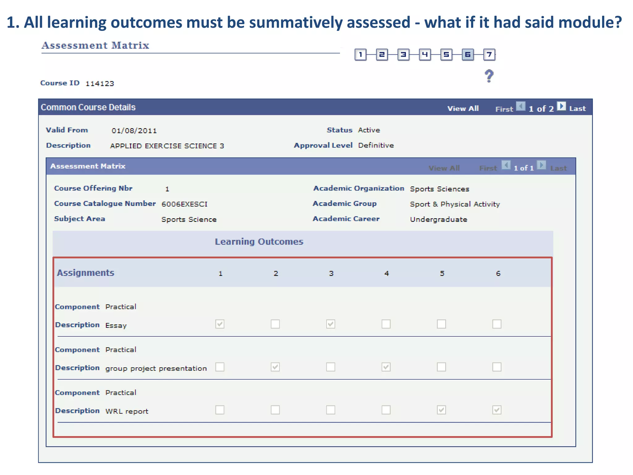 1. All learning outcomes must be summatively assessed - what if it had said module?
 