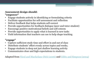 ISSUESlimiting the amount of traditionally marked assessments while giving students more flexibility and greater control over their work.established clearer links between course content and all forms of assessmentincreased the range of assessments while lightening the amount of traditionally marked tasks.
