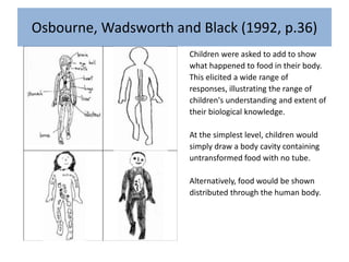 Osbourne, Wadsworth and Black (1992, p.36)
Children were asked to add to show
what happened to food in their body.
This elicited a wide range of
responses, illustrating the range of
children's understanding and extent of
their biological knowledge.
At the simplest level, children would
simply draw a body cavity containing
untransformed food with no tube.
Alternatively, food would be shown
distributed through the human body.
 