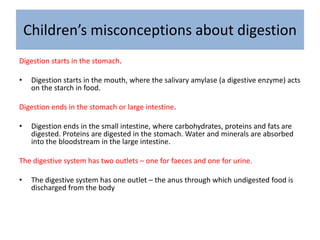 Children’s misconceptions about digestion
Digestion starts in the stomach.
• Digestion starts in the mouth, where the salivary amylase (a digestive enzyme) acts
on the starch in food.
Digestion ends in the stomach or large intestine.
• Digestion ends in the small intestine, where carbohydrates, proteins and fats are
digested. Proteins are digested in the stomach. Water and minerals are absorbed
into the bloodstream in the large intestine.
The digestive system has two outlets – one for faeces and one for urine.
• The digestive system has one outlet – the anus through which undigested food is
discharged from the body
 