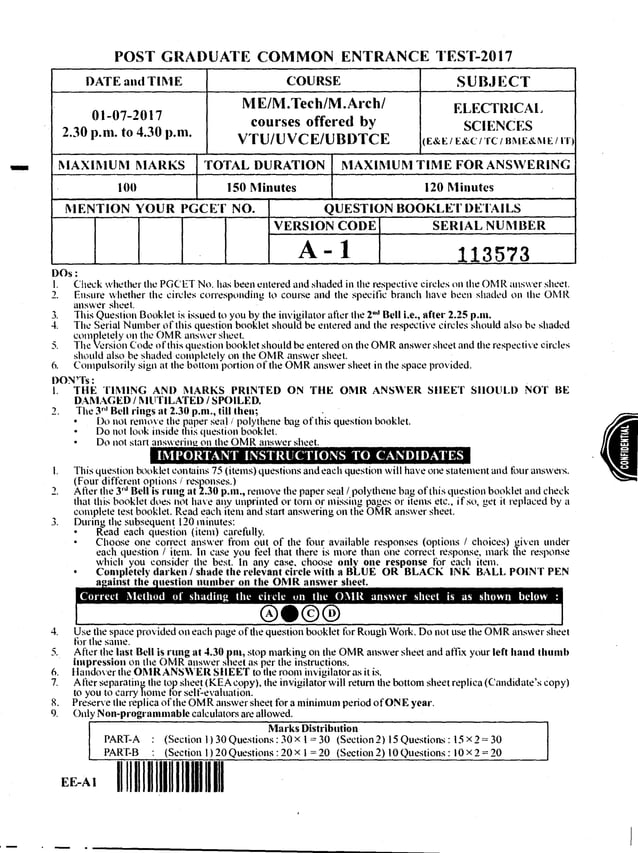 PGCET Electrical sciences 2017 question paper PDF