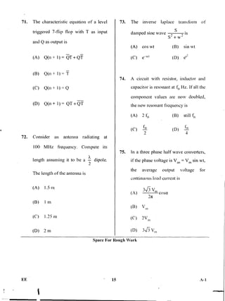 71. The characteristic equation of a level
triggered 7-flip flop with T as input
and Q as output is
73. The inverse laplace transform of
damped sine wave,S
is
s w2
(A) cos wt (B) sin wt
(A) Q(n + 1) = QT + QT
(B) Q(n + 1) = T
(C) Q(n + 1) = Q
(D) Q(n + 1) = QT + QT
72. Consider an antenna radiating at
100 MHz frequency. Compute its
length assuming it to be a —
X
dipole.
The length of the antenna is
(A) 1.5m
(B) 1 m
(C) 1.25 m
(D) 2m
(C) e't (D)
74. A circuit with resistor, inductor and
capacitor is resonant at t' Hz. If all the
component values are now doubled,
the new resonant frequency is
(A) 2 fo (B) still f )
(C) (D) 4—1:()
75. In a three phase half wave .converters,
if the phase voltage is Van = Vin sin N,vt,
the average output voltage for
continuous load current is
cos a
2t
(A)
Space For Rough Work
FE '15 A-1
 