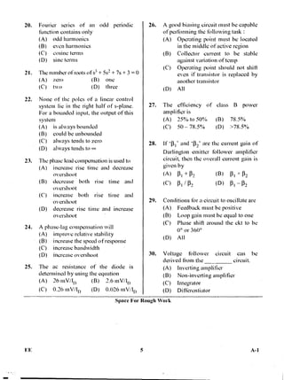 20. Fourier series of an odd periodic
function contains only
(A) odd harmonics
(B) even harmonics
(C) cosine terms
(D) sine terms
21. The number of roots of s3 + 5s2 + 7s + 3 = 0
(A) zero (B) one
(C) two (D) three
11. None of the poles of a linear control
system lie in the right half of s-plane.
For a hounded input, the output of this
system
(A) is always bounded
(B) could be unbounded
(C) always tends to zero
(D) always tends to 09
23. The phase lead compensation is used to
(A) increase rise time and decrease
overshoot
(B) decrease both rise time and
overshoot
(C) increase both rise time and
overshoot
(D) decrease rise time and increase
overshoot
24. A phase-lag compensation will
(A) improve relative stability
(B) increase the speed of response
(C) increase bandwidth
(D) increase overshoot
25. The ac resistance of the diode is
determined by using the equation
(A) 26 mV/I1) (B) 2.6 mV/ID
(C) 0.26 mV/I0 (D) 0.026 mV/l0
26. A good biasing circuit must be capable
of per arming the following task :
(A) Operating point must be located
in the middle of active region
(B) Collector current to be stable
against variation of temp
(C) Operating point should not shift
even if transistor is replaced by
another transistor
(D) All
27. The efficiency of class B power
amplifier is •
(A) 25% to 50% (B) 78.5%
(C) 50 — 78.5% (D) >78.5%
28. If 'IV and 13,' are the current gain of
Darlington emitter follower amplifier
circuit, then the overall current gain is
given by
(A) PI +R2 (B) 131 x 132
(C) 131 /132 (D) 131 — 132
29. Conditions tbr a circuit to oscillate are
(A) Feedback must be positive
(B) Loop gain must be equal to one
(C) Phase shift around the ckt to be
0° or 360°
(D) All
30. Voltage follower circuit can be
derived from the circuit.
(A) Inverting amplifier
(B) Non-inverting amplifier
(C) Integrator
(D) Differentiator
Space For Rough Work
FE 5 A-1
 