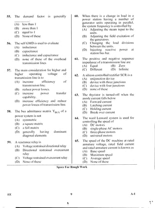 55. The demand factor is generally
(A) less than.1
(B) more than 1
(C) equal to 1
(D) None of these
56. The self GMD is used to evaluate
(A) inductance
(B) capacitance
(C) inductance and capacitance
(D) none of these of the overhead
transmission lines
57. The main consideration for higher and
higher operating voltage of
transmission line is to
(A) increase efficiency of
transmission line.
(B) reduce power losses.
(C) increase. power transfer
capability.
(D) increase efficiency and reduce
power losses of transmission line.
58. The bus admittance matrix YBus of a
power system is not
(A) symmetric
(B) a square matrix
(C) a full matrix
(D) generally' having dominant
diagonal elements
59. A reactance relay is
(A) Voltage restrained directional relay
(B) Directional restrained overcurrent
relay
(C) Voltage restrained overcurrent relay
(D) None of these
60. When there is a change in load in a
power station having a number of
generator units operating in parallel,
the system frequency is controlled by
(A) Adjusting the steam input to the
units.
(B) Adjusting the field excitation of
the generators.
(C) Changing the load divisions
between the units.
(D) Injecting reactive power at
station bus bar.
61. The positive and negative sequence
impedance of a transmission line are
(A) Equal (B) Zero
(C) Different (D) Infinite
62. A silicon controlled rectifier SCR is a
(A) unijunction device
(B) device with three junctions
(C) device with four junctions
(D) none of these
63. The thyristor is turned-off when the
anode current falls below
(A) Forward current
(B) Latching current
(C) Holding current
(D) Break over current
64. The ward Leonard system is used for
controlling the speed of
(A) DC motors
(B) single-phase AC motors
(C') three-phase motors
(D) universal motors
65. The speed of the DC machine at rated
armature voltage, rated field current
and rated armature current is known as
(A) Base speed
(B) Maximum speed
(C) Average speed
(D) None of these
Space For Rough Work
EE 9 A-1
1'
 