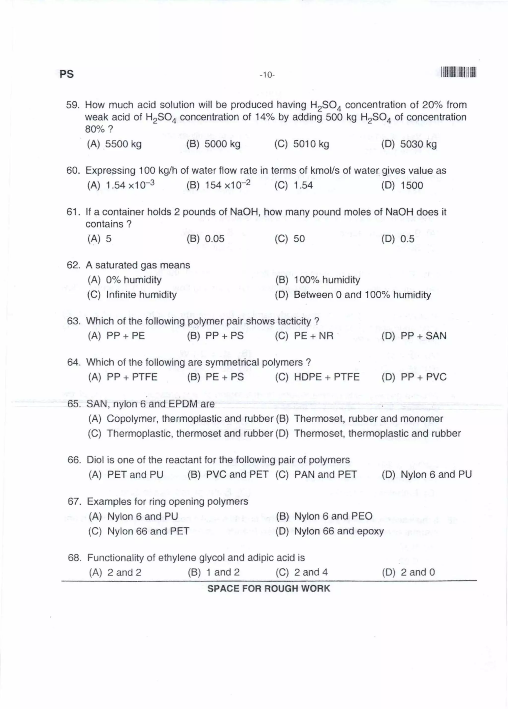 PGCET Polymer science 2018 question paper