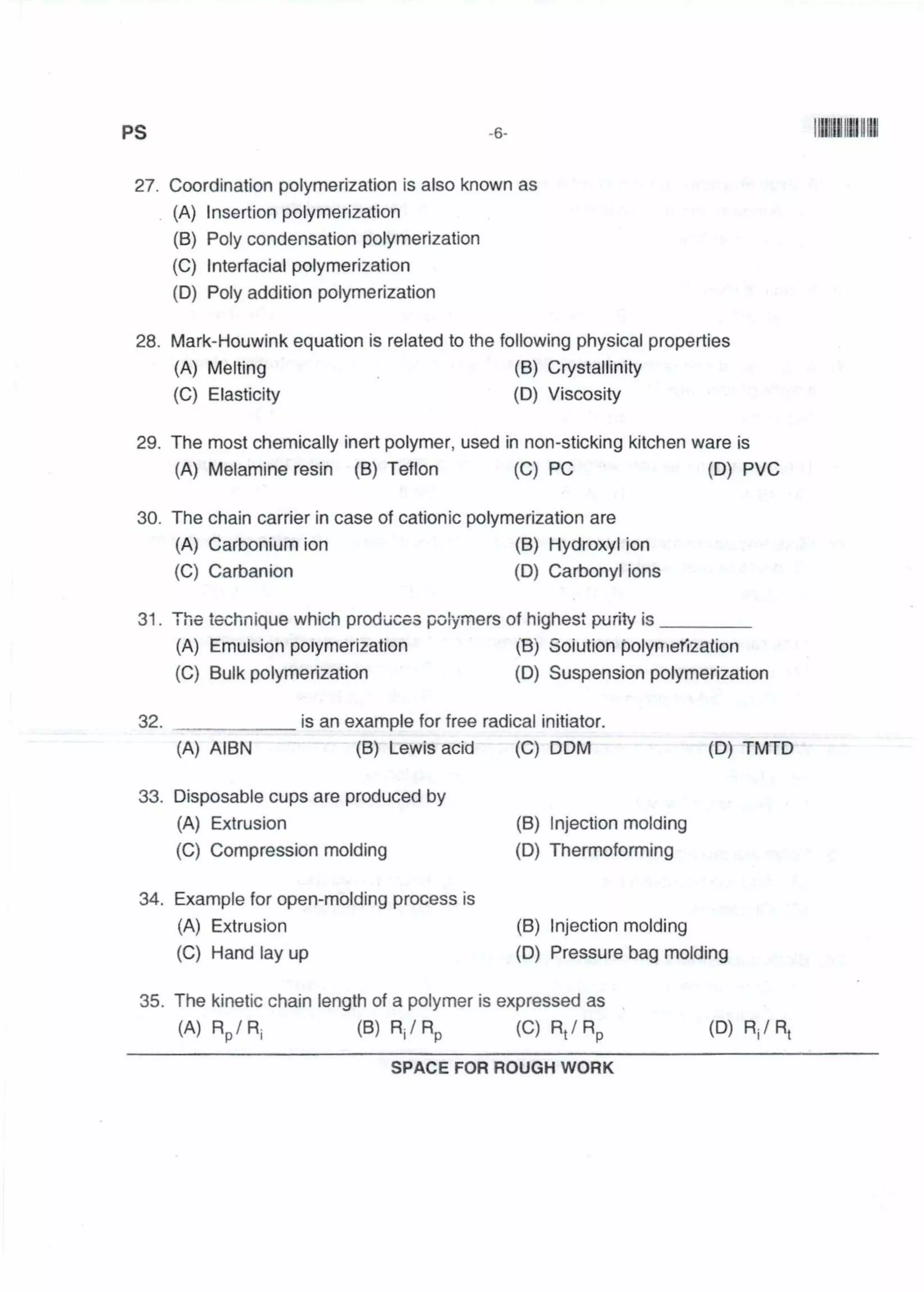 PGCET Polymer science 2018 question paper