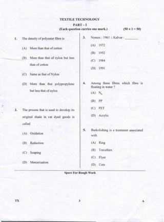 PGCET Textile 2018 question paper
